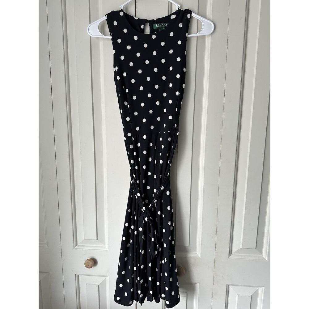 LRL Ralph Lauren Polka Dot Dress Black White Sleeveless Knee Length SIZE 2